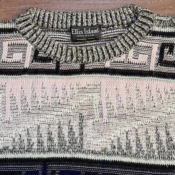 Vintage Ellis Island Sweater Mens L Pink Blue Gray Black Knit Crew Neck EUC - Picture 8 of 8